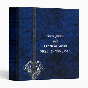 Goth Blue Damask Silver Heart Wedding Album Binder