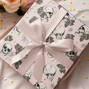 Goth Blush Pink Skull and Flowers Halloween Wrapping Paper
