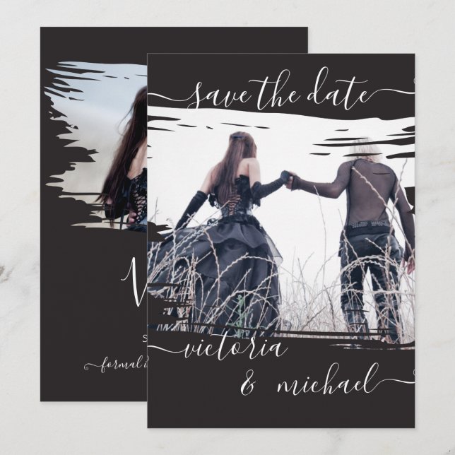 Goth Brush stroke Wedding Photo Save the date Invitation (Front/Back)