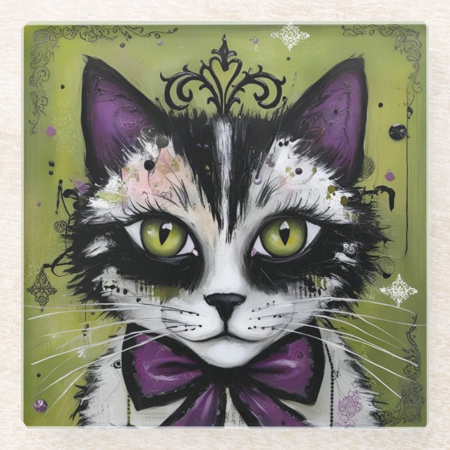 Goth Cat Glass Coaster (Front)