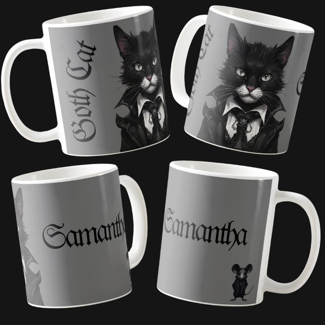 Goth cat with Mouse Personalized Name Dark Coffee Mug (Creator Uploaded)