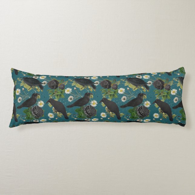 Goth Crows & Black Roses Deep Teal Pattern Body Pillow (Front)