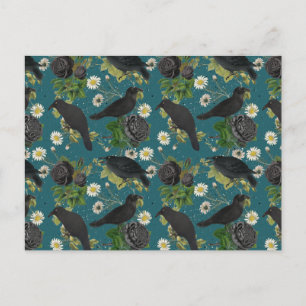 Goth Crows & Black Roses Deep Teal Pattern Holiday Postcard