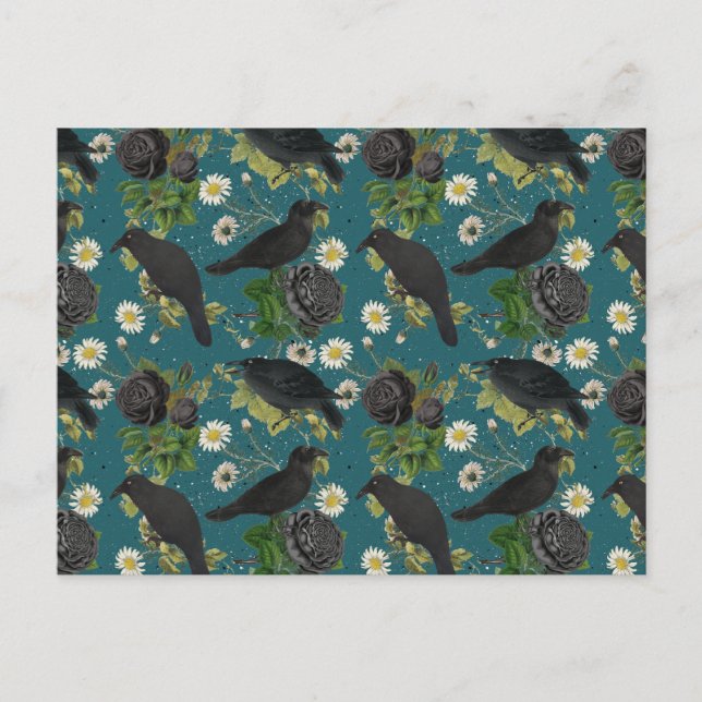 Goth Crows & Black Roses Deep Teal Pattern Holiday Postcard (Front)