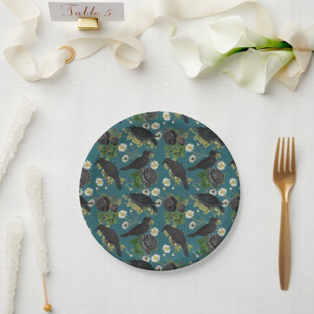 Goth Crows & Black Roses Deep Teal Pattern Paper Plate (Wedding)