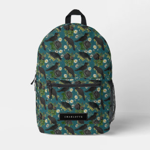 Goth Crows & Black Roses Deep Teal Pattern Printed Backpack