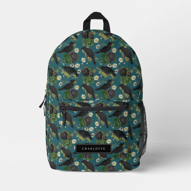 Goth Crows & Black Roses Deep Teal Pattern Printed Backpack (Front)