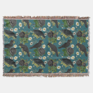 Goth Crows & Black Roses Deep Teal Pattern Throw Blanket