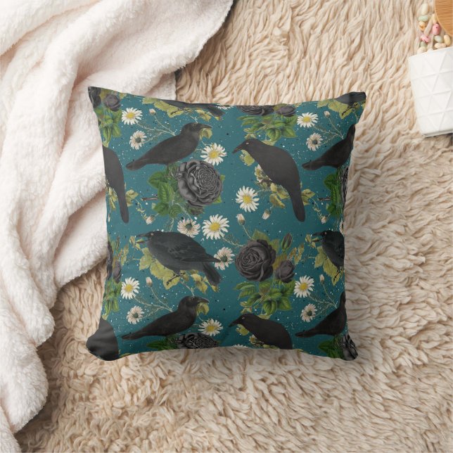 Goth Crows & Black Roses Deep Teal Pattern Throw Pillow (Blanket)