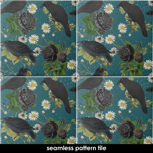 Goth Crows Black Roses Deep Teal Seamless Pattern Tile