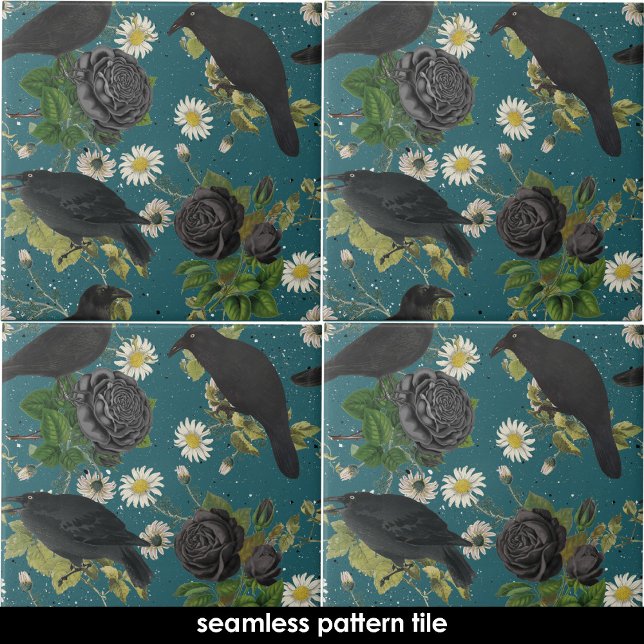 Goth Crows Black Roses Deep Teal Seamless Pattern Tile (Black Crows & Roses Deep Teal Seamless Pattern Ceramic Tile)