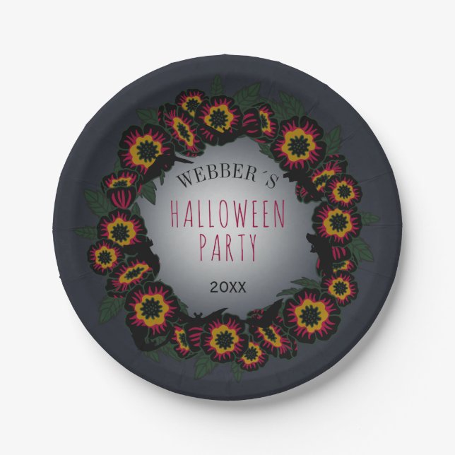 Goth dark floral and bats wreath paper plate (Front)