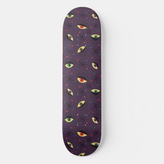 Goth Eyes Witchy Purple Pattern Occult Skateboard (Front)