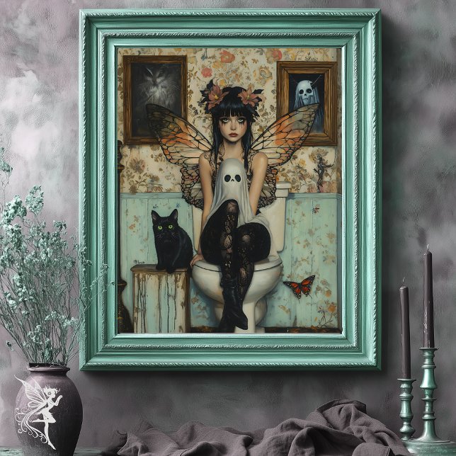 Goth Fairy with Ghost Sitting on Toilet Quirky Art Poster (Creator Uploaded)