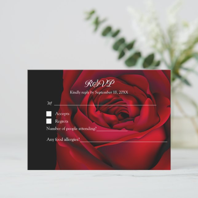 Goth Floral Moody Dark Red Rose Black Wedding RSVP Card (Standing Front)