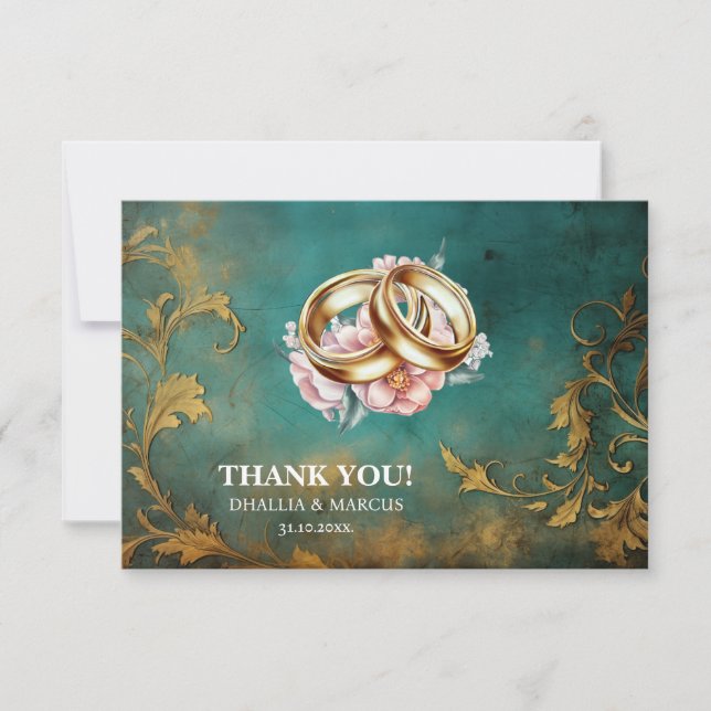 Goth Floral teal And Gold  Thank You Card (Front)