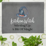 Goth Funny Kitchen Witch Halloween Kitchen Towel<br><div class="desc">Funny and cute Kitchen Witch Hat with typography quote "Kitchen Witch - Stirring Up A Bit Of Magic". Fun Halloween Goth kitchen accessory. Black textured look background.</div>