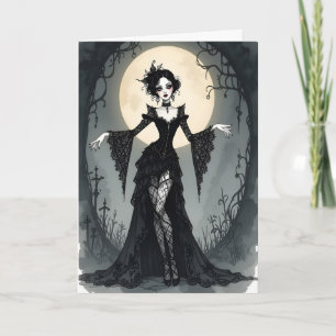 Goth Girl and Full Moon Halloween Holiday Card