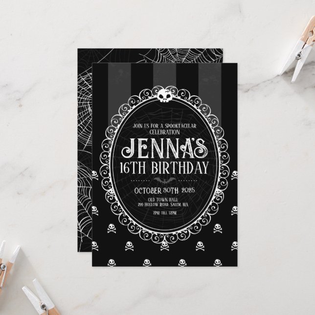 Goth Girl Black & White Skull Party Invitation (Front/Back In Situ)