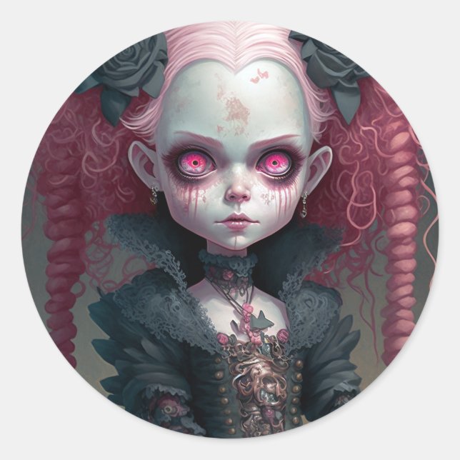 Goth Girl Pink Black Creepy Cute Classic Round Sticker (Front)