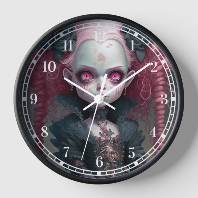 Goth Girl Pink Black Creepy Cute Clock (Front)