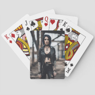 Goth Girl posing in front of old Bridge Playing Cards