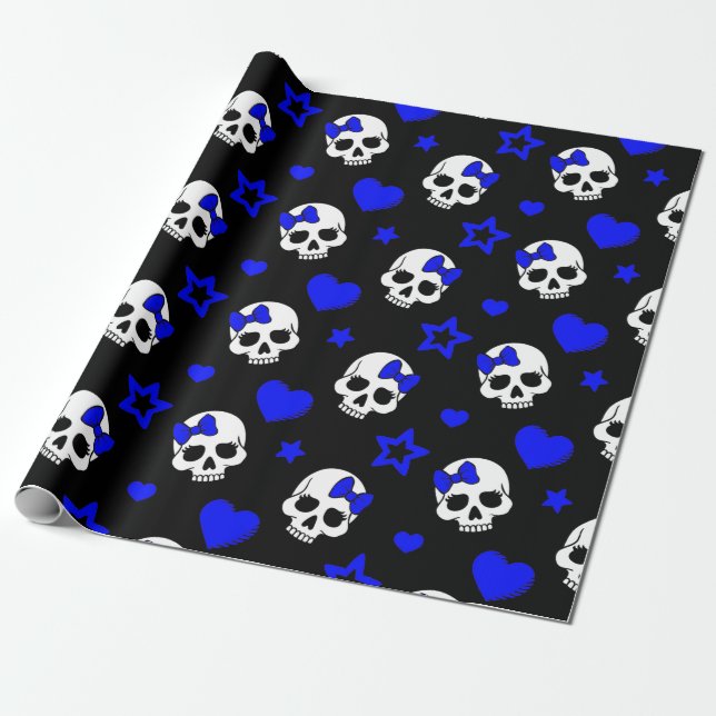 Goth Girl Skulls on Dark Blue Wrapping Paper (Unrolled)