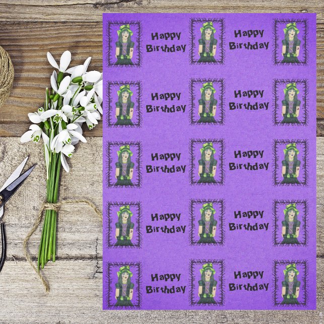 Goth Girl Tattoos Barbed Frame Purple Birthday Tissue Paper (Pretty Goth girl tattoos black barbed branch frame on purple Happy birthday gift wrap tissue paper.)