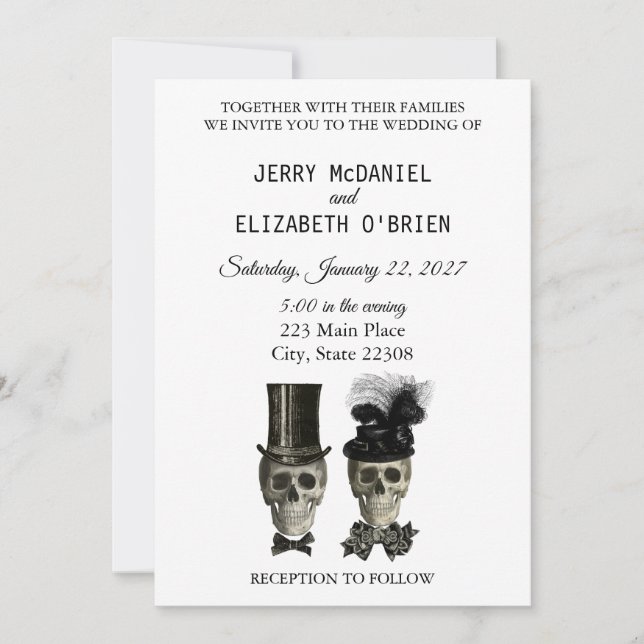 Goth Gothic Bride Groom Skulls Wedding Invitation (Front)