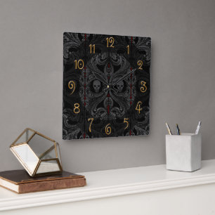 Goth Gray Ornament with Skull  Square Wall Clock