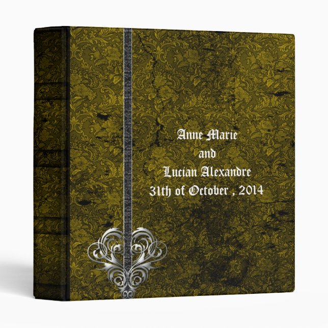 Goth Green Damask Silver Heart Wedding Album Binder (Front/Spine)