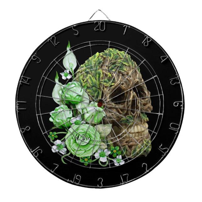 Goth Green Floral Tree Skull Dartboard (Front)