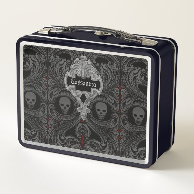 Goth Grey Ornament with Skull Personalized Metal Lunch Box (Back)