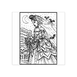 GOTH HALLOWEEN BRIDE, BAT VEIL, BOUQUET OF SKULLS RUBBER STAMP