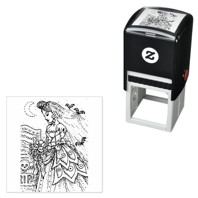 GOTH HALLOWEEN BRIDE, BAT VEIL, BOUQUET OF SKULLS SELF-INKING STAMP (In Situ)