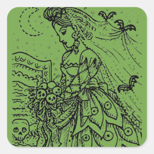 GOTH HALLOWEEN BRIDE, BATS, VEIL, SKULL BOUQUET SQUARE STICKER