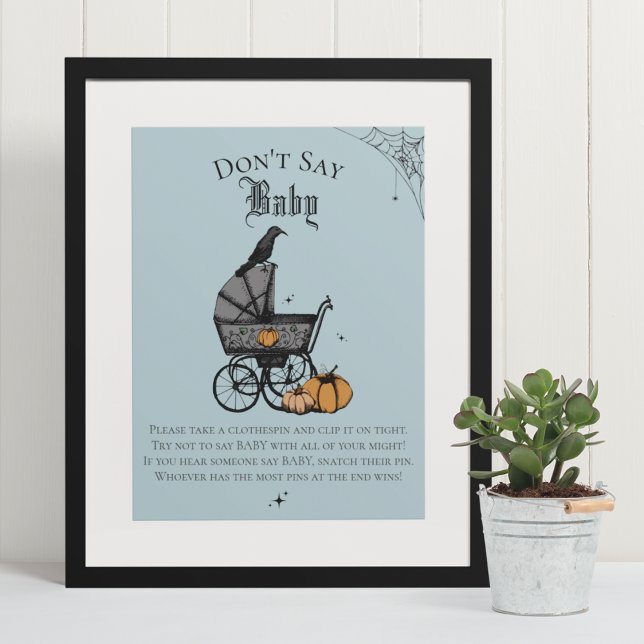 Goth Halloween Don't Say Baby Blue Shower Game Poster (Elegant & Whimsical Gothic Baby Shower Game Poster. Frame Not Included. Hand-Drawn Illustrations.)