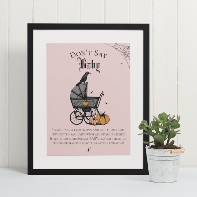 Goth Halloween Don't Say Baby Pink Shower Game Poster (Elegant & Whimsical Gothic Baby Shower Game Poster. Frame Not Included. Hand-Drawn Illustrations.)