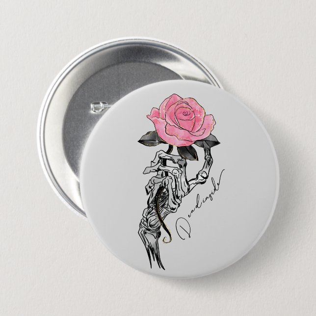 Goth Hand Skeleton With Pink Rose | Dead Inside 3 Inch Round Button (Front & Back)