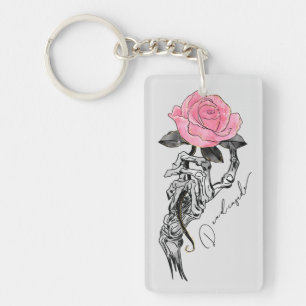 Goth Hand Skeleton With Pink Rose Dead Inside Keychain