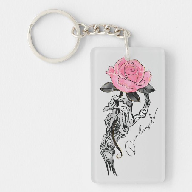 Goth Hand Skeleton With Pink Rose | Dead Inside Keychain (Front)