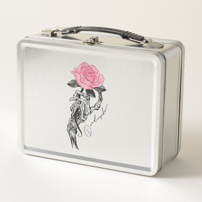 Goth Hand Skeleton With Pink Rose | Dead Inside Metal Lunch Box (Front)