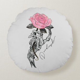 Goth Hand Skeleton With Pink Rose   Dead Inside Round Pillow