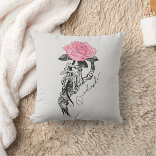 Goth Hand Skeleton With Pink Rose   Dead Inside Throw Pillow