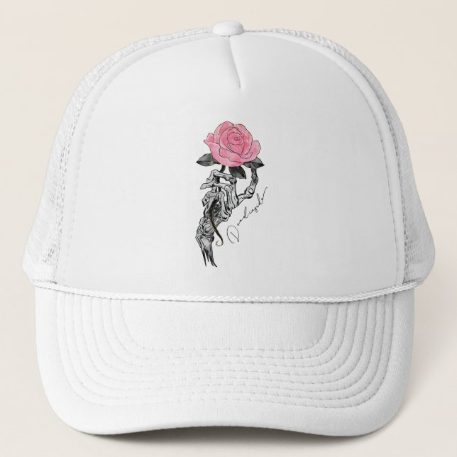 Goth Hand Skeleton With Pink Rose | Dead Inside Trucker Hat (Front)