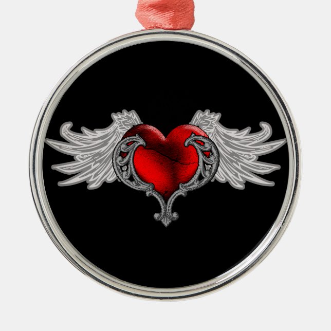 Goth Heart with Angel Wings Metal Ornament (Front)