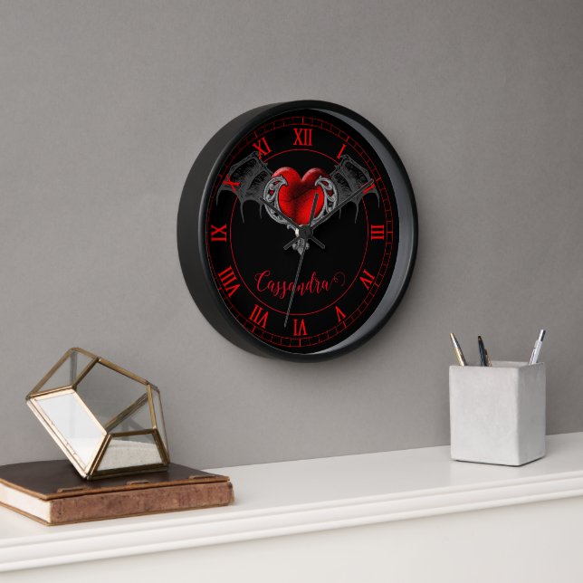 Goth Heart with Bat Wings Personalized Clock (Office)