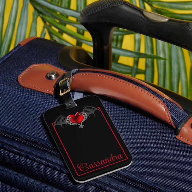 Goth Heart with Bat Wings Personalized  Luggage Tag (Front Insitu 1)