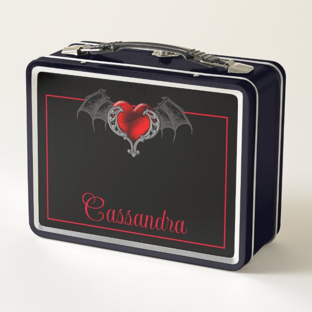 Goth Heart with Bat Wings Personalized  Metal Lunch Box (Back)