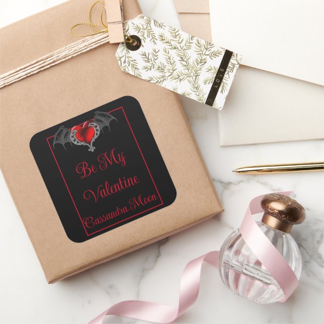 Goth Heart with Bat Wings Personalized Square Sticker (Gifting)